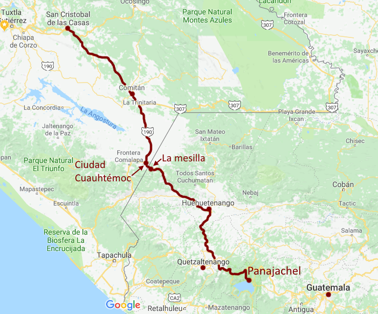 Map of the road from San Cristobal de las Casas, Mexico to Panajachel, Guatemala